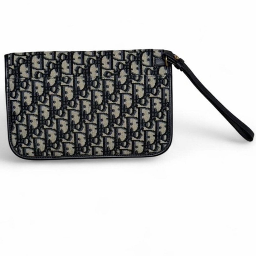 Christian Dior Oblique Navy Blue Canvas Flap Pouch Clutch Dustbag Box Authentic - Picture 3 of 8